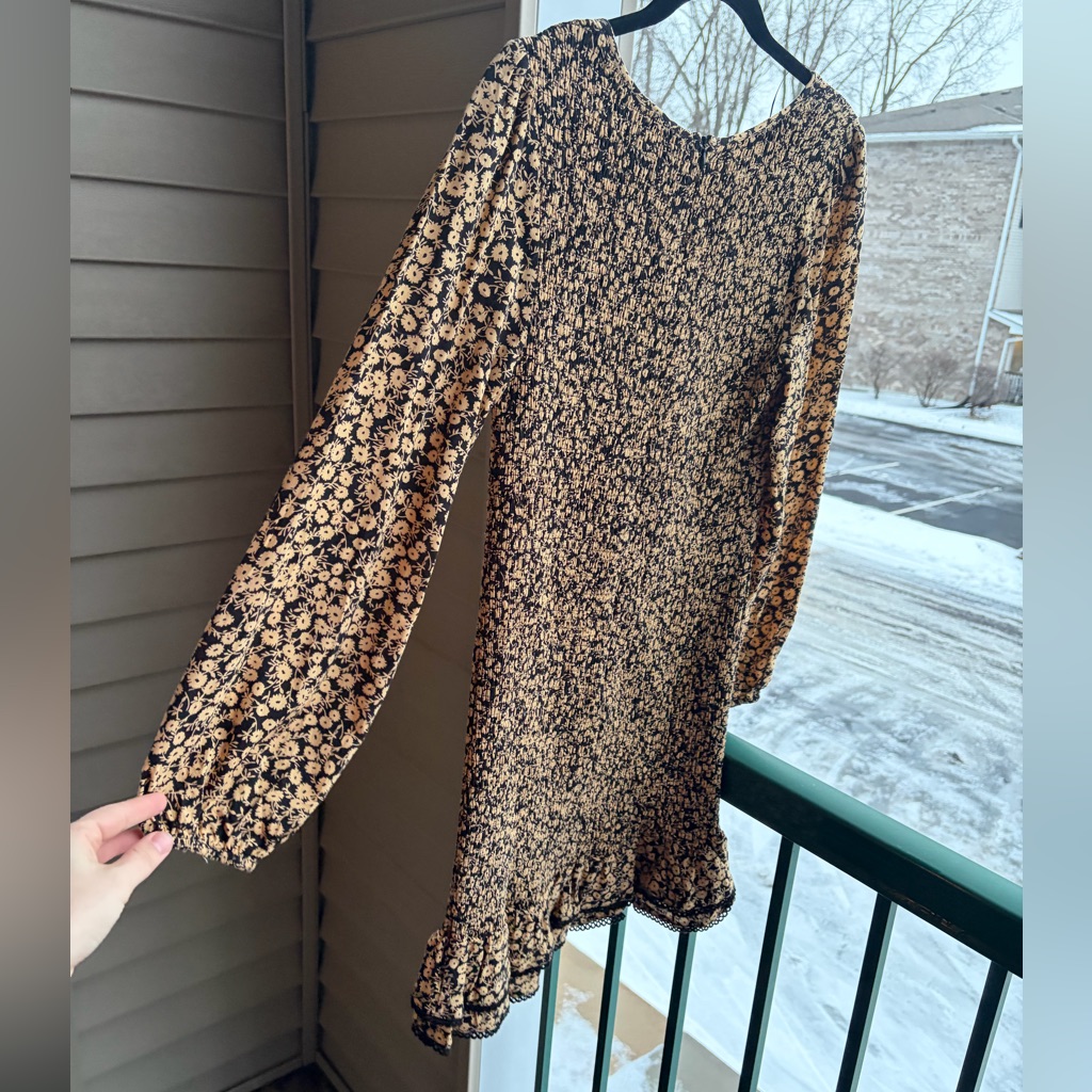 Lost+Wander Black Golden Floral Smocked Mini Dress Long Sleeve Rufflehem Sizem — image 7 of 8